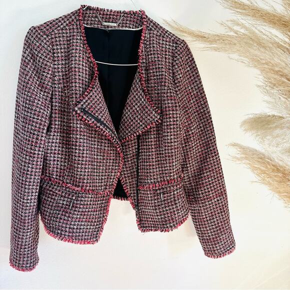 WHBM Pink Black Red Tweed Woven Peplum Ruffle Fringe Moto Zip Blazer Jacket 4 - Picture 2 of 15